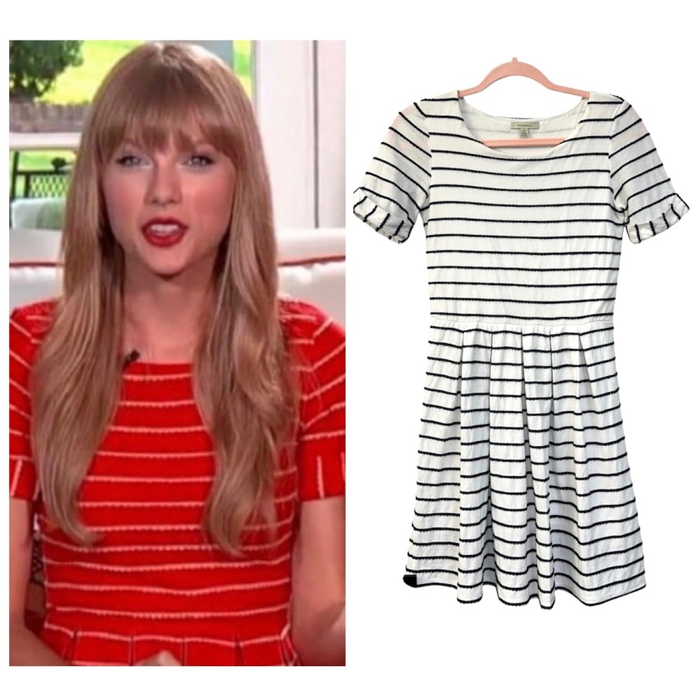 Anthropologie Bordeaux Short Sleeve Striped‎ Fit and Flare Knit Dress S Navy